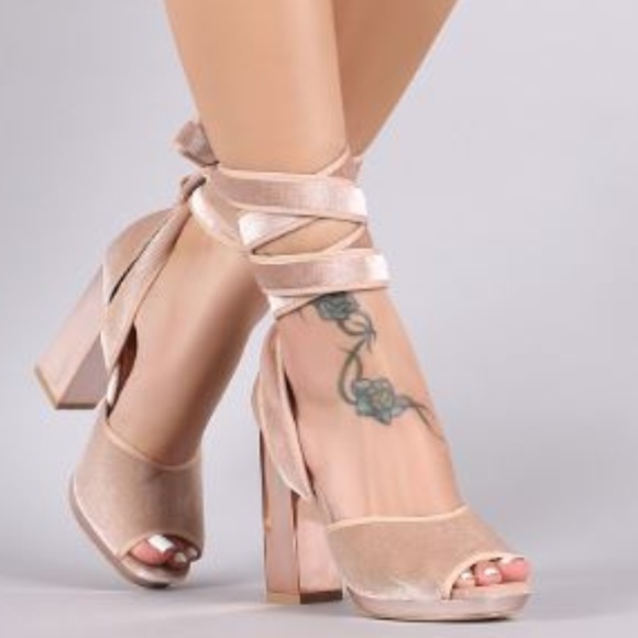 Cape Robbin Shoes - Velvet Lace Up Rose Gold Platform Heel Size 8